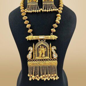 Exclusive Radha Krishna Golden Polish Tample Jewellery Necklace Earrings Set
